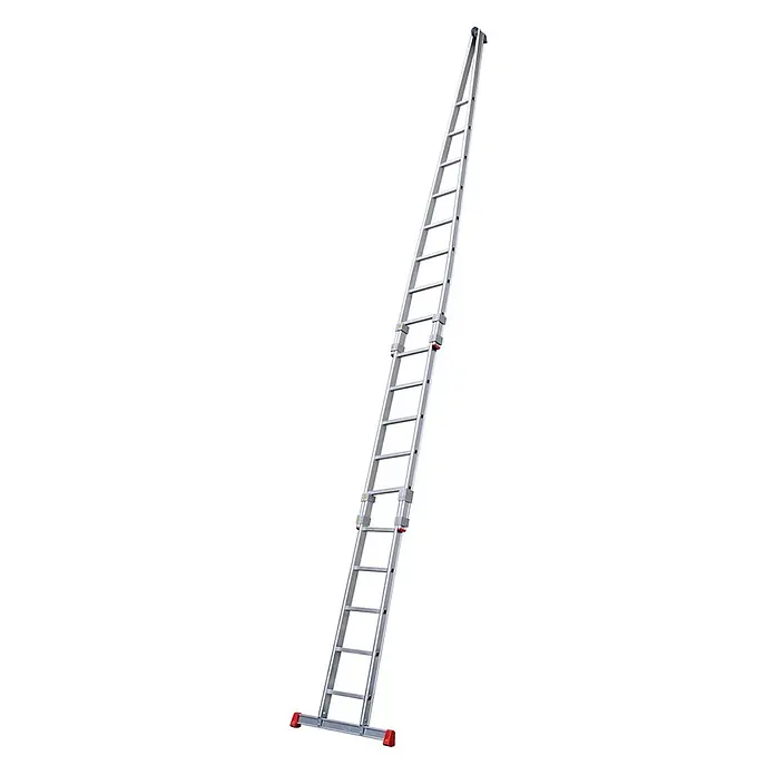 Siedra-Leitern Anlegeleiter Glasreinigerleiter 159 mit 18 Stufen - 8x Stufen Oberteil 5x Stufen Mittelt - Anzahl Tritte: 18 Stk., Aluminium - Silberne Aluminium-Ausziehleiter mit roten Sicherheitsfüßen und Verriegelungsmechanismen.