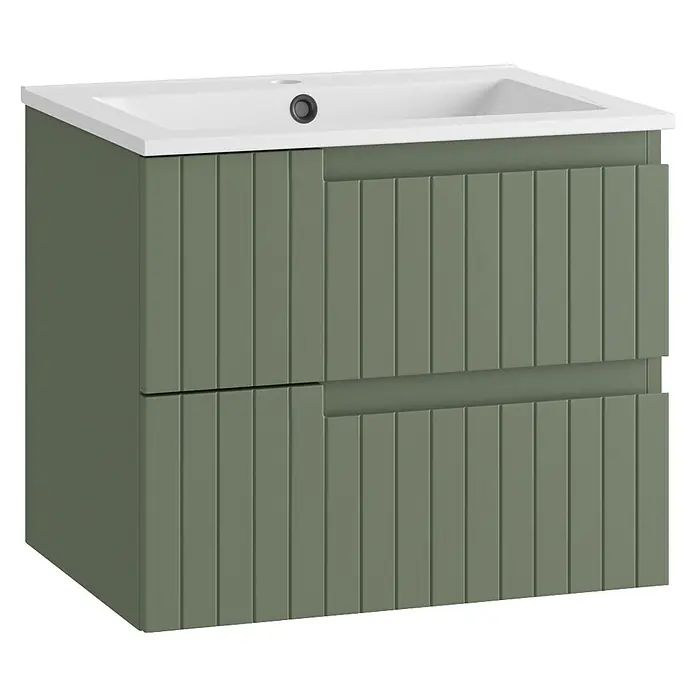 Mueble bajo de lavabo Claire - L x An x Al: 45 x 60 x 50 cm, Verde Olivo, 1 seno, salida central, Número de cajones: 2 ud. - Mueble de baño verde salvia con lavabo blanco y diseño estriado de dos cajones.