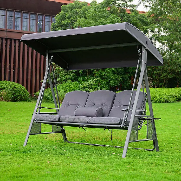 Home Deluxe Garten-Schaukelstuhl Hollywoodschaukel DESCANSO - Grau, B x T x H: 115 x 198 x 195 cm - Graue Dreisitzer-Hollywoodschaukel mit Dach, Polstern und Beistelltischen.