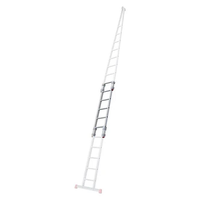 Siedra-Leitern Anlegeleiter Glasreinigerleiter 159 mit 5 Stufen - Einzelteil Mittelteil - Anzahl Tritte: 5 Stk., Aluminium - Silberfarbene Aluminium-Ausziehleiter mit mehreren Abschnitten, roten Sicherheitsverriegelungen und einer breiten Stabilisatorstange am Fuß.