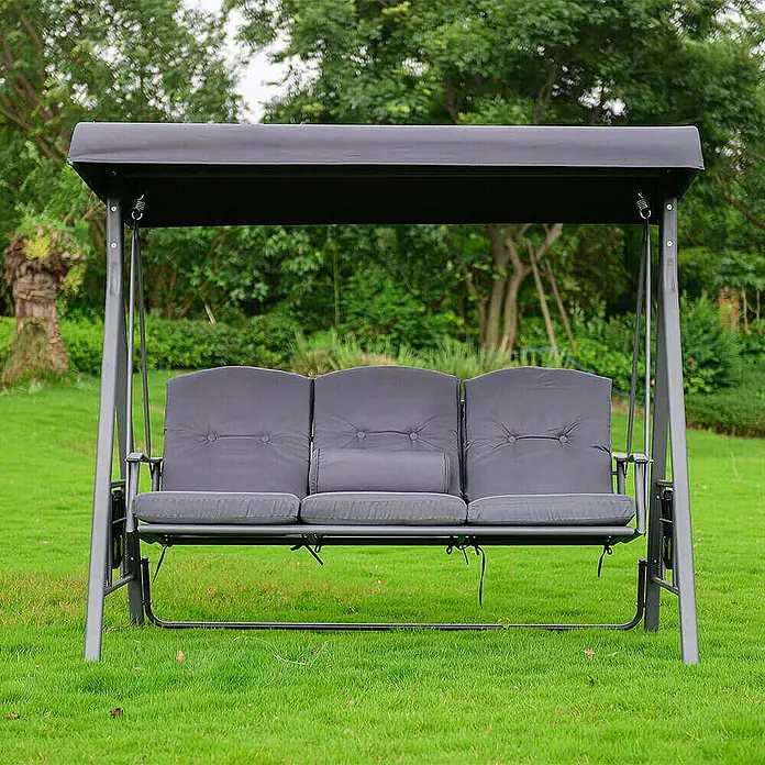 Home Deluxe Garten-Schaukelstuhl Hollywoodschaukel DESCANSO - Grau, B x T x H: 115 x 198 x 195 cm - Ein dreisitziges graues Metall-Gartenschaukel mit dunkelgrauen Kissen und Vordach.