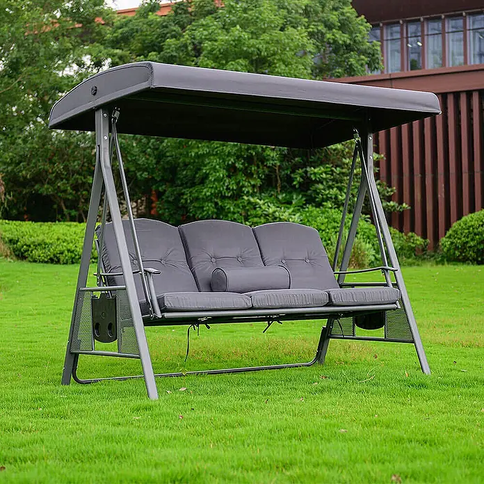 Home Deluxe Garten-Schaukelstuhl Hollywoodschaukel DESCANSO - Grau, B x T x H: 115 x 198 x 195 cm - Graue Dreisitzer-Gartenschaukel mit dunklem Dach und gepolsterten Kissen.