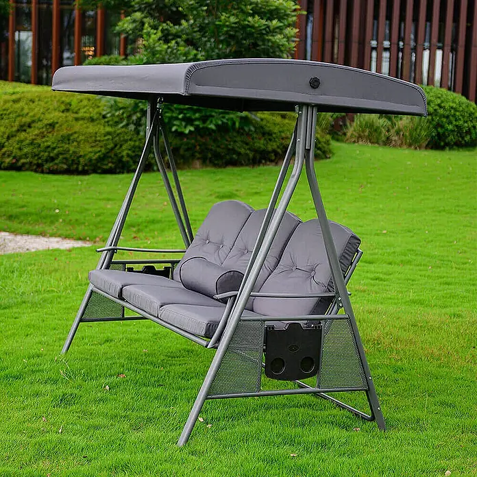 Home Deluxe Garten-Schaukelstuhl Hollywoodschaukel DESCANSO - Grau, B x T x H: 115 x 198 x 195 cm - Graue Metall-Gartenschaukel mit Dach, bequemen grauen Kissen und angehängter Seitenablage.