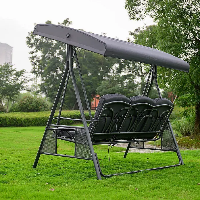 Home Deluxe Garten-Schaukelstuhl Hollywoodschaukel DESCANSO - Grau, B x T x H: 115 x 198 x 195 cm - Dunkelgraue Gartenschaukel aus Metall mit schwarzen Polstern und Dach.