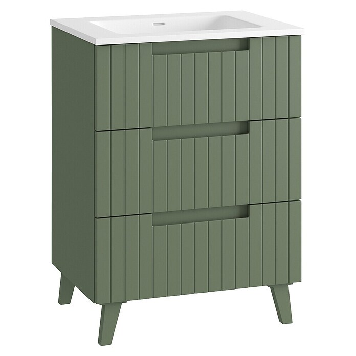 Mueble de lavabo Claire (L x An x Al: 45 x 60 x 81 cm, Verde Olivo, 1 seno, empotrado, salida central, Número de cajones: 3 ud.) | BAUHAUS