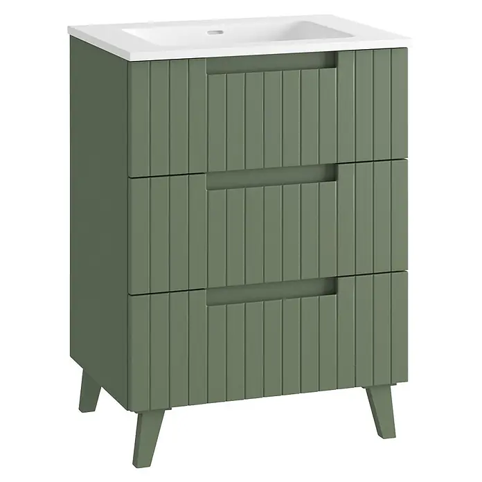 Mueble bajo de lavabo Claire - L x An x Al: 45 x 60 x 81 cm, Verde Olivo, 1 seno, empotrado, salida central, Número de cajones: 3 ud. - Mueble de baño verde con frentes de cajón acanalados, tiradores integrados y lavabo de cerámica blanco, sobre patas.