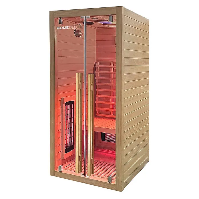 Home Deluxe Elementsauna SONORA S - Sonstige, Steuerung Ofen: Integriert, L x B x H: 90 x 90 x 190 cm - Helle Infrarotsauna aus Holz mit Glastür, Holzgriffen und rot leuchtenden Heizstrahlern.