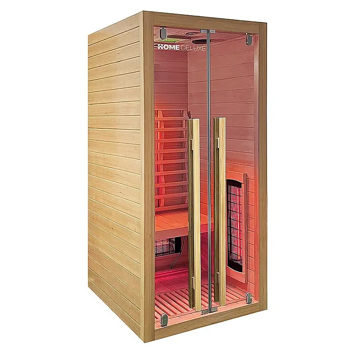 Home Deluxe Elementsauna SONORA S - Sonstige, Steuerung Ofen: Integriert, L x B x H: 90 x 90 x 190 cm - Eine helle Infrarotsauna aus Holz mit Glastür, rotem Innenglanz und Heizungen.