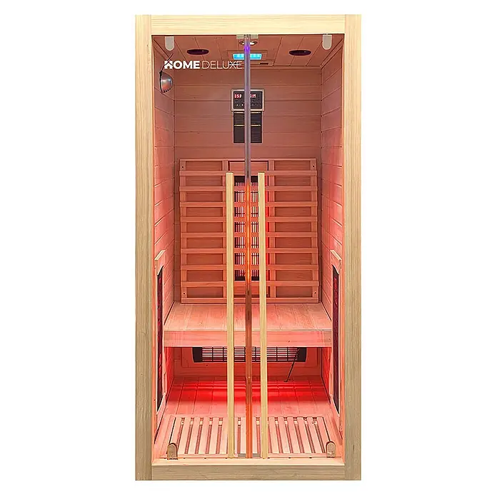 Home Deluxe Elementsauna SONORA S - Sonstige, Steuerung Ofen: Integriert, L x B x H: 90 x 90 x 190 cm - Innenansicht einer hellen Infrarotsauna aus Holz mit rot leuchtenden Heizstrahlern, einer Bank und einer Glastür. Das Logo 'HOME DELUXE' ist sichtbar.