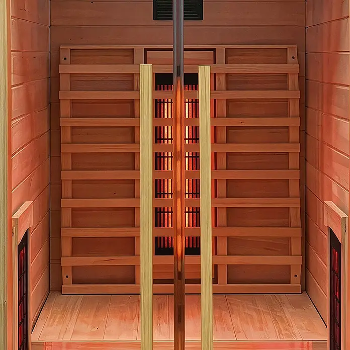 Home Deluxe Elementsauna SONORA S - Sonstige, Steuerung Ofen: Integriert, L x B x H: 90 x 90 x 190 cm - Innenansicht einer Infrarotsauna aus Holz mit glühenden Heizstrahlern und Lamellenlehnen. Naturholzplatten an Wänden und Boden.