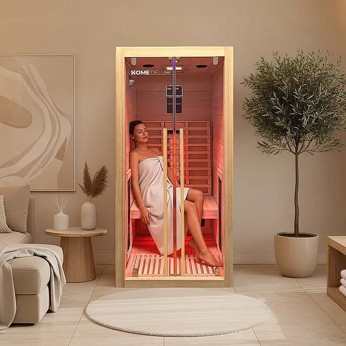 Home Deluxe Elementsauna SONORA S - Sonstige, Steuerung Ofen: Integriert, L x B x H: 90 x 90 x 190 cm - Holz-Infrarotsauna mit rotem Licht, in der eine Frau entspannt; platziert in einem modernen Wohnbereich.