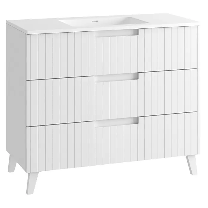 Mueble bajo de lavabo Claire - L x An x Al: 45 x 100 x 81 cm, Blanco, 1 seno, empotrado, salida central, Número de cajones: 3 ud. - Mueble de baño blanco con lavabo integrado, tres cajones acanalados y patas elegantes.