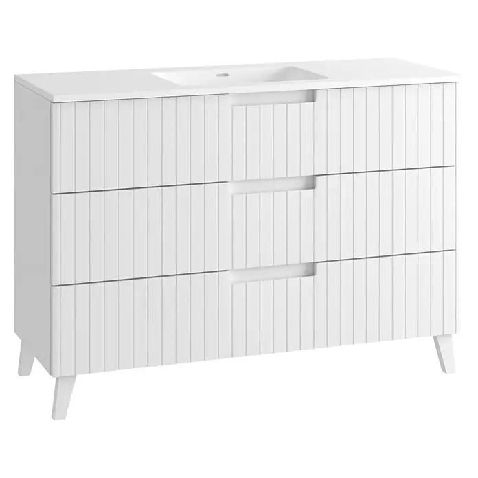 Conjunto de mueble de baño Claire - Blanco, 3 pzs. - Mueble de baño blanco con lavabo integrado, tres cajones estriados, tiradores integrados y patas cónicas.
