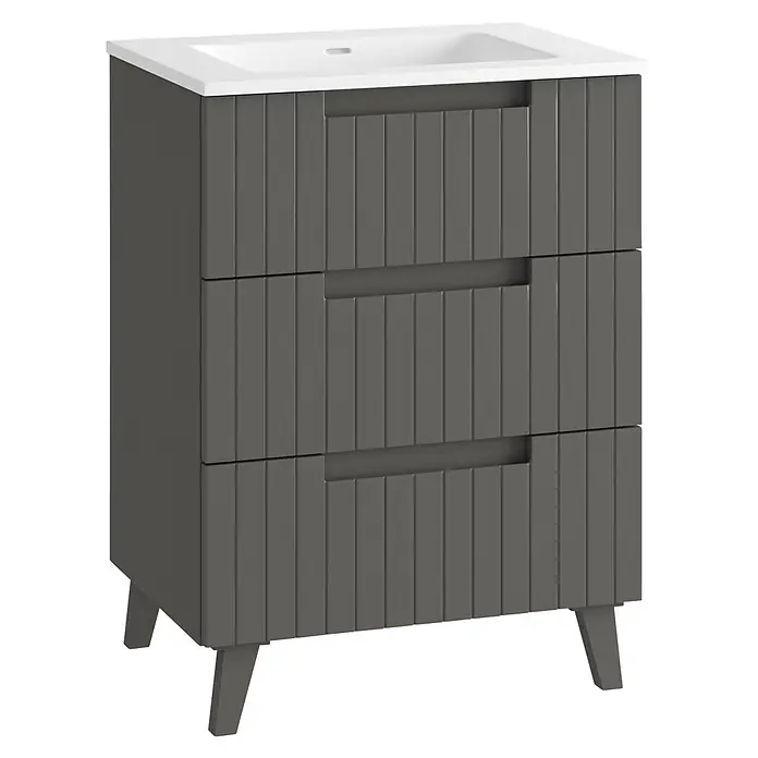 Mueble bajo de lavabo Claire - L x An x Al: 45 x 60 x 81 cm, Gris, 1 seno, empotrado, salida central, Número de cajones: 3 ud. - Mueble de baño gris oscuro con lavabo blanco, tres cajones acanalados con tiradores integrados y patas cónicas.