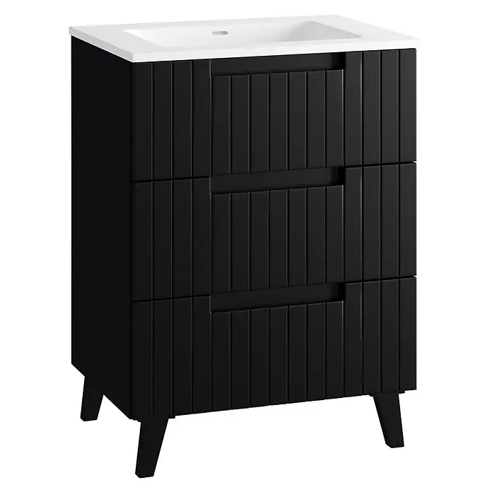 Mueble bajo de lavabo Claire - L x An x Al: 45 x 60 x 81 cm, Negro, 1 seno, empotrado, salida central, Número de cajones: 3 ud. - Mueble de baño negro con lavabo blanco integrado, con dos cajones con detalles de lamas verticales y patas cónicas.