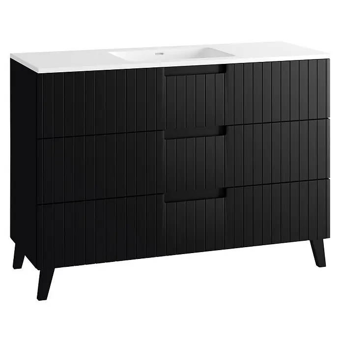 Mueble bajo de lavabo Claire - L x An x Al: 45 x 120 x 50 cm, Negro, 1 seno, empotrado, salida central, Número de cajones: 3 ud. - Mueble de baño negro con encimera blanca y lavabo integrado, frente acanalado vertical y tres cajones con tiradores empotrados, sobre patas cónicas.