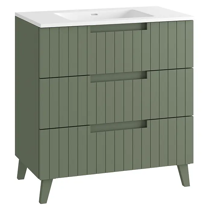 Mueble bajo de lavabo Claire - L x An x Al: 45 x 80 x 81 cm, Verde Olivo, 1 seno, empotrado, salida central, Número de cajones: 3 ud. - Mueble de baño verde salvia con frentes de cajón acanalados, lavabo blanco y cuatro patas.
