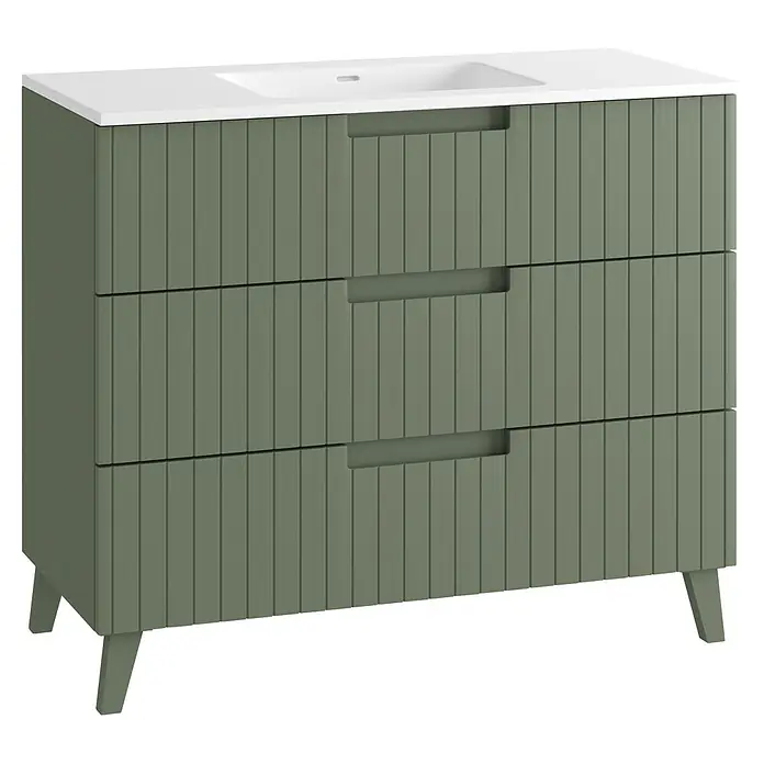 Mueble bajo de lavabo Claire - L x An x Al: 45 x 100 x 81 cm, Verde Olivo, 1 seno, empotrado, salida central, Número de cajones: 3 ud. - Mueble de baño verde con lavabo blanco, tres cajones estriados y tiradores integrados, sobre patas.