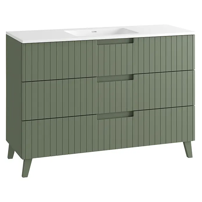 Conjunto de mueble de baño Claire - Verde Olivo, 3 pzs. - Mueble de baño verde acanalado con lavabo blanco y tres cajones, tiradores integrados y patas cónicas.