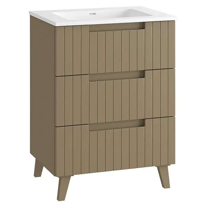 Mueble bajo de lavabo Claire - L x An x Al: 45 x 60 x 81 cm, Moka, 1 seno, empotrado, salida central, Número de cajones: 3 ud. - Mueble de baño marrón claro con lavabo blanco, tres cajones estriados con tiradores integrados y patas cónicas.