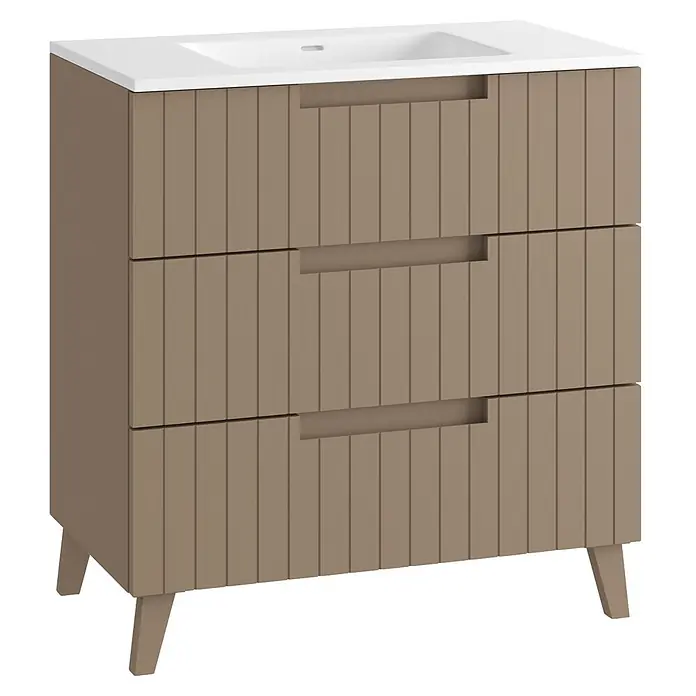 Mueble bajo de lavabo Claire - L x An x Al: 45 x 80 x 81 cm, Moka, 1 seno, empotrado, salida central, Número de cajones: 3 ud. - Mueble de baño color topo con frentes de cajón acanalados, tiradores empotrados, lavabo blanco integrado y patas cónicas.