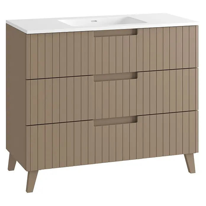 Mueble bajo de lavabo Claire - L x An x Al: 45 x 100 x 81 cm, Moka, 1 seno, empotrado, salida central, Número de cajones: 3 ud. - Mueble de baño color topo con lavabo blanco, tres cajones acanalados con tiradores integrados y patas cónicas.