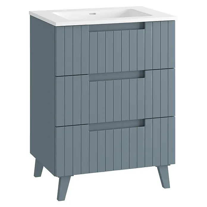 Mueble bajo de lavabo Claire - L x An x Al: 45 x 60 x 81 cm, Azul, 1 seno, empotrado, salida central, Número de cajones: 3 ud. - Mueble de baño gris con lavabo blanco integrado, tres cajones estriados con tiradores y patas cónicas.