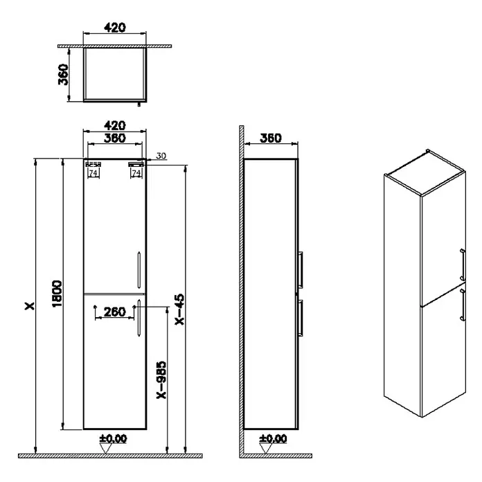 VitrA Hochschrank Root Flat - B x T x H: 42 x 36 x 180 cm, Anthrazit - Technische Zeichnungen eines hohen, schmalen Mehrzweckschranks mit zwei Türen und Griffen, mit Maßen und Ansichten.