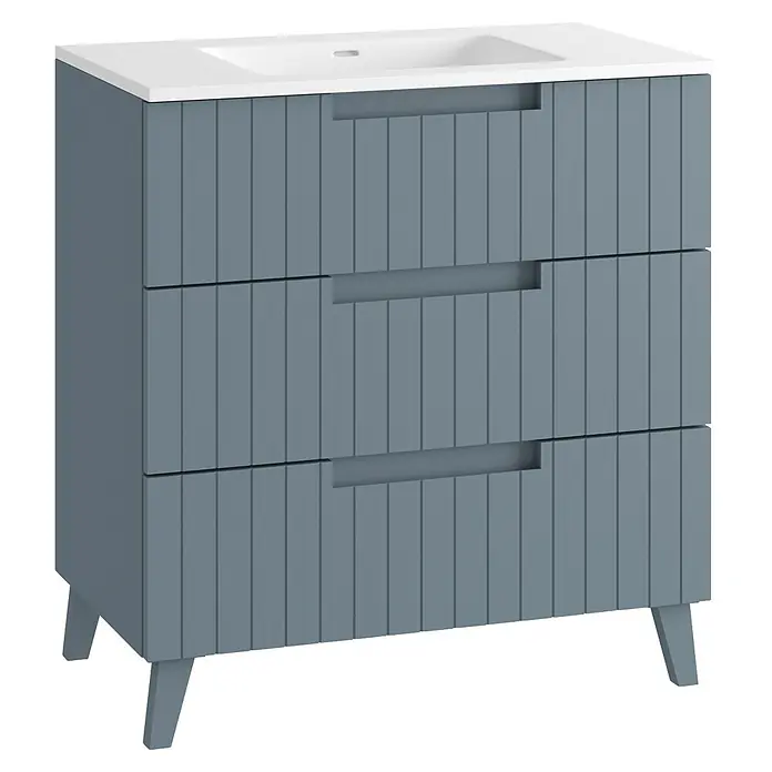 Mueble bajo de lavabo Claire - L x An x Al: 45 x 80 x 81 cm, Azul, 1 seno, empotrado, salida central, Número de cajones: 3 ud. - Tocador de baño gris estriado con tres cajones, lavabo integrado y patas cónicas.