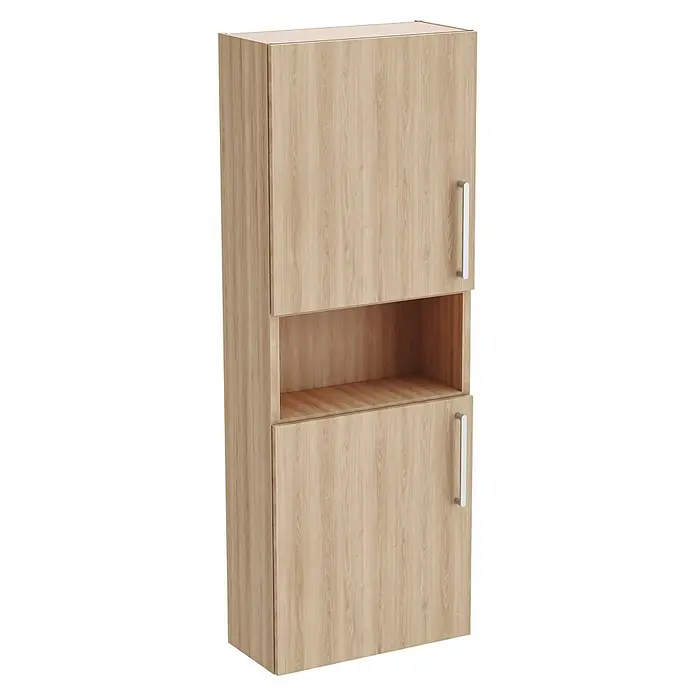 VitrA Hochschrank Root Flat - B x T x H: 57 x 27 x 155 cm, Eiche Natur - Helles Holzmaserung-Schrank mit zwei Türen und einem mittigen offenen Fach.