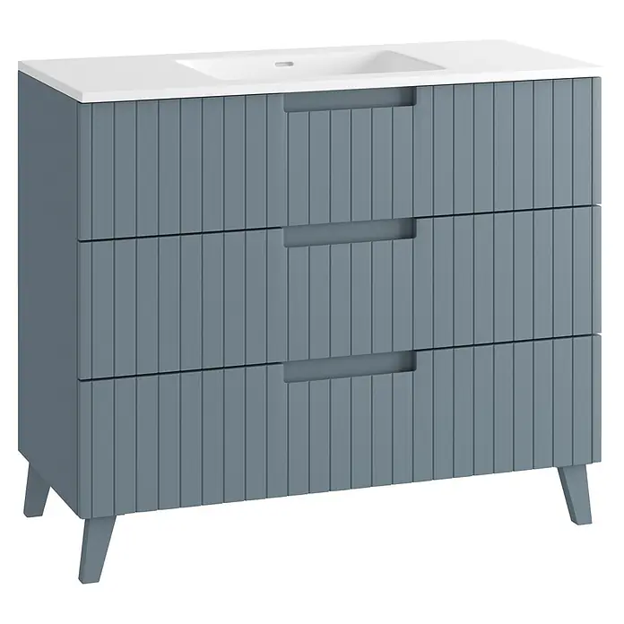 Mueble bajo de lavabo Claire - L x An x Al: 45 x 100 x 81 cm, Azul, 1 seno, empotrado, salida central, Número de cajones: 3 ud. - Mueble de baño gris con lavabo blanco integrado, cajones estriados y patas anguladas.