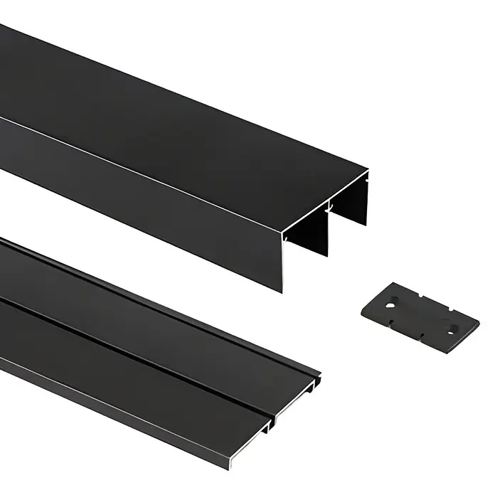 Optimum Schiebetür-Komplettset Claustra - 120 x 250 cm - Schwarze Aluminium-Doppel- und Einzelschienenprofile für ein Schiebesystem, mit einem kleinen Verbindungsstück.