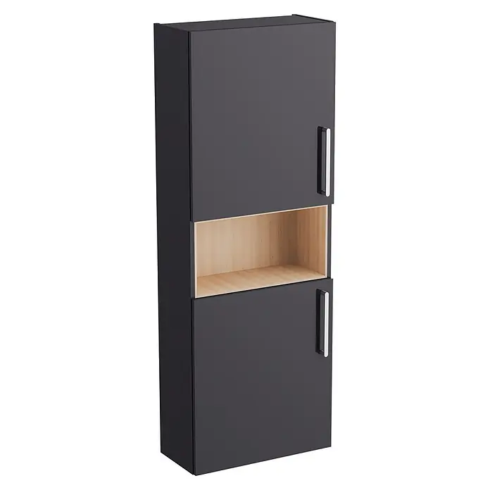 VitrA Hochschrank Root Flat - B x T x H: 57 x 27 x 155 cm, Anthrazit - Hoher, dunkelgrauer Schrank mit zwei Türen und einem zentralen offenen Regal in Holzoptik, ausgestattet mit modernen Griffen.