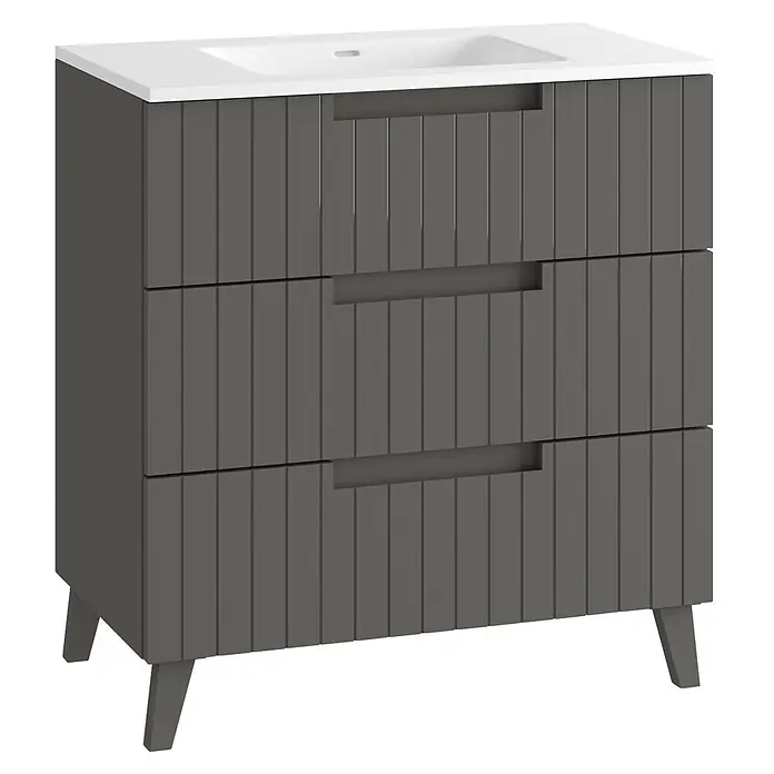 Mueble bajo de lavabo Claire - L x An x Al: 45 x 80 x 81 cm, Gris, 1 seno, empotrado, salida central, Número de cajones: 3 ud. - Mueble de baño gris oscuro con lavabo blanco, 3 cajones estriados y patas cónicas.