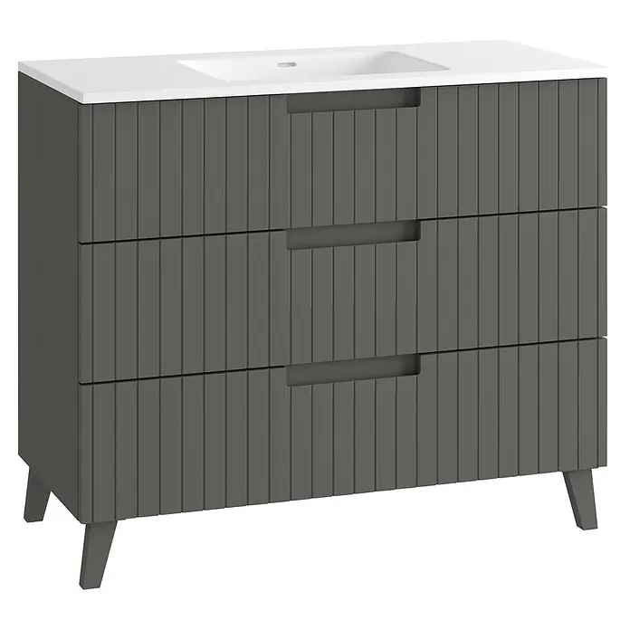 Mueble bajo de lavabo Claire - L x An x Al: 45 x 100 x 81 cm, Gris, 1 seno, empotrado, salida central, Número de cajones: 3 ud. - Mueble de baño gris oscuro acanalado con lavabo blanco, tres cajones y tiradores integrados, sobre patas.
