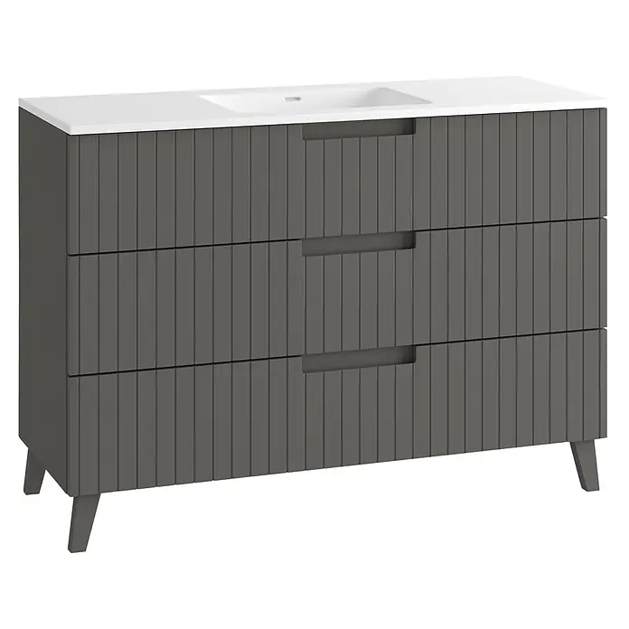 Mueble bajo de lavabo Claire - L x An x Al: 45 x 120 x 50 cm, Gris, 1 seno, empotrado, salida central, Número de cajones: 3 ud. - Mueble de baño gris oscuro con encimera blanca y lavabo integrado, tres cajones acanalados con tiradores y patas cónicas.