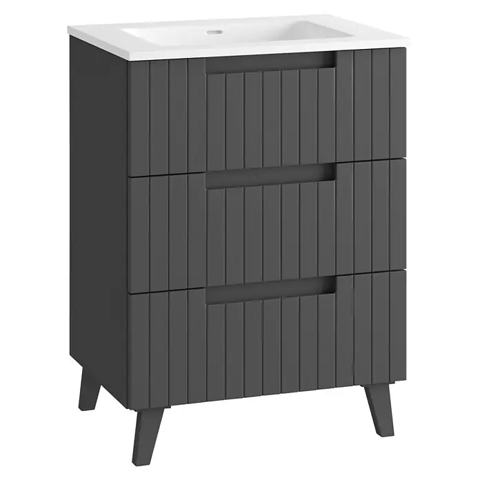 Mueble bajo de lavabo Claire - L x An x Al: 45 x 60 x 81 cm, Antracita, 1 seno, empotrado, salida central, Número de cajones: 3 ud. - Mueble de baño gris oscuro con frentes de cajón acanalados y lavabo blanco integrado, sobre patas cónicas.