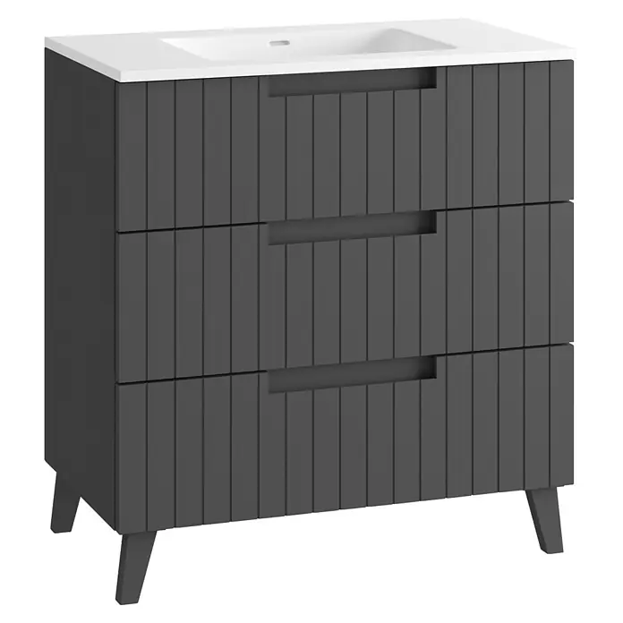 Mueble bajo de lavabo Claire - L x An x Al: 45 x 80 x 81 cm, Antracita, 1 seno, empotrado, salida central, Número de cajones: 3 ud. - Mueble de baño gris carbón con frentes de cajones estriados y lavabo blanco.