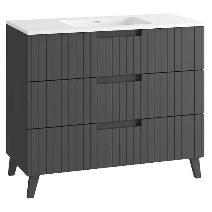Mueble bajo de lavabo Claire - L x An x Al: 45 x 100 x 81 cm, Antracita, 1 seno, empotrado, salida central, Número de cajones: 3 ud. - Mueble de baño gris oscuro con lavabo blanco integrado, tres cajones estriados con tiradores empotrados y patas cónicas.