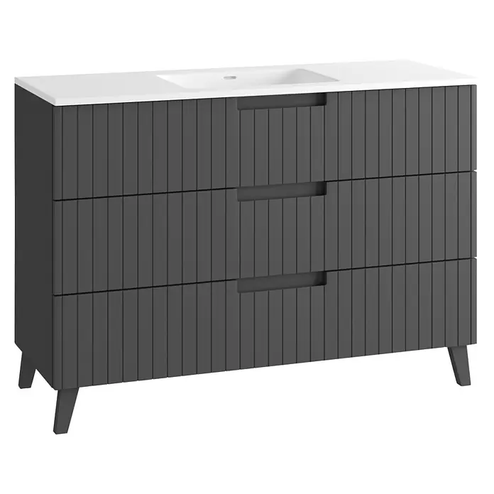 Mueble bajo de lavabo Claire - L x An x Al: 45 x 120 x 50 cm, Antracita, 1 seno, empotrado, salida central, Número de cajones: 3 ud. - Mueble de baño gris oscuro con tres cajones de lamas, tiradores integrados y encimera de lavabo blanca, sobre patas.