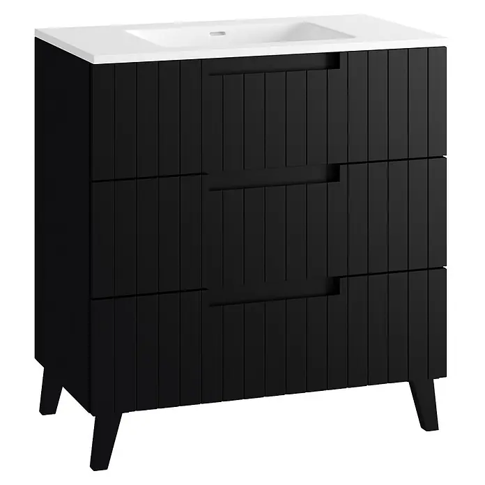 Mueble bajo de lavabo Claire - L x An x Al: 45 x 80 x 81 cm, Negro, 1 seno, empotrado, salida central, Número de cajones: 3 ud. - Mueble de baño negro con frentes de cajón estriados, lavabo blanco y patas negras.