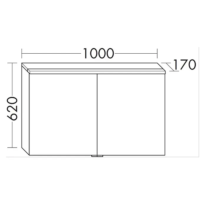 VitrA LED-Spiegelschrank Root/Integra - B x H: 100 x 62 cm, Chrom gebürstet - Technische Zeichnung eines zweitürigen Wandschranks, B1000xH620xT170 mm.