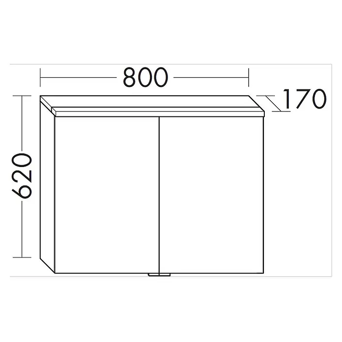 VitrA LED-Spiegelschrank Root/Integra - B x H: 60 x 62 cm, Chrom gebürstet - Strichzeichnung eines zweitürigen Schranks mit Maßen: 800mm Breite, 620mm Höhe und 170mm Tiefe.