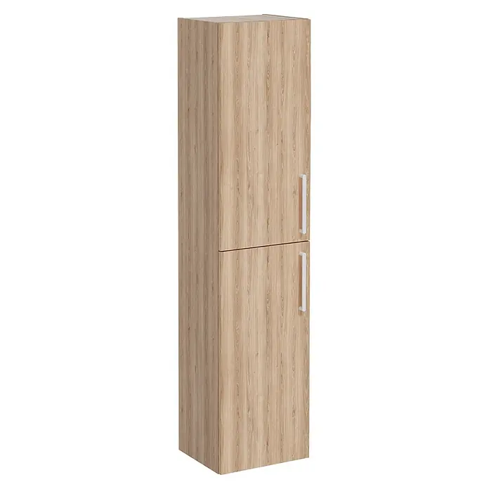 VitrA Hochschrank Root Flat - B x T x H: 42 x 36 x 180 cm, Eiche Natur - Helles Holzdekor-Schrank mit zwei Türen und weißen Griffen.
