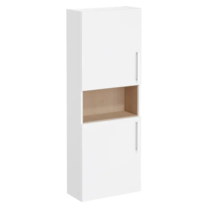 VitrA Hochschrank Root Flat - B x T x H: 57 x 27 x 155 cm, Weiß - Weißer Schrank mit zwei Türen und einem zentralen offenen hellen Holzregal, mit silbernen Griffen.
