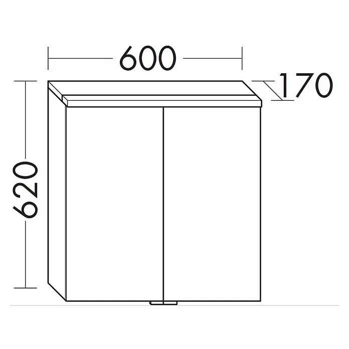 VitrA LED-Spiegelschrank - B x H: 60 x 62 cm, Mit Beleuchtung, Weiß - Bemaßte Zeichnung eines zweitürigen Schranks: B600, H620, T170.