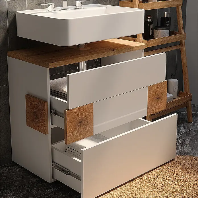 Vicco Badmöbel-Set Eden Weiß 3 Teile - Weiß Hochglanz, Glänzend - Moderner Badezimmerschrank mit weißem Waschbecken, Holzplatte, weißen Schubladen mit runden Holzgriffen und einem Regal für Toilettenartikel.