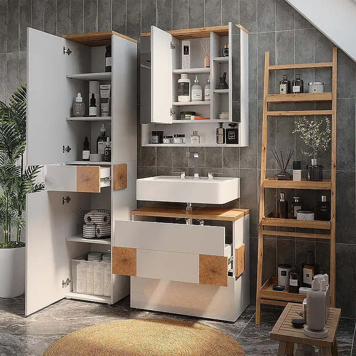 Vicco Badmöbel-Set Eden Weiß 3 Teile - Weiß Hochglanz, Glänzend - Weißes Badmöbelset mit Waschbecken und passenden Schränken, ergänzt durch helle Holzdetails und Toilettenartikel.