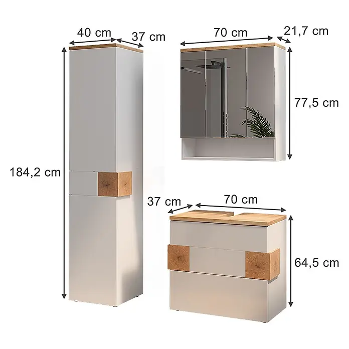 Vicco Badmöbel-Set Eden Weiß 3 Teile - Weiß Hochglanz, Glänzend - Modernes hellgraues Badezimmermöbelset mit Eichenakzenten: Hochschrank, Spiegelschrank und Waschtischunterschrank.