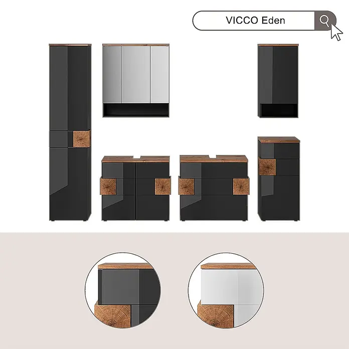 Vicco Badmöbel-Set Eden Weiß 4 Teile - Weiß Hochglanz, Glänzend - Modernes schwarzglänzendes Badmöbelset mit Naturholz-Akzenten, bestehend aus Hochschränken, Waschtischunterschränken und Spiegelschrank.